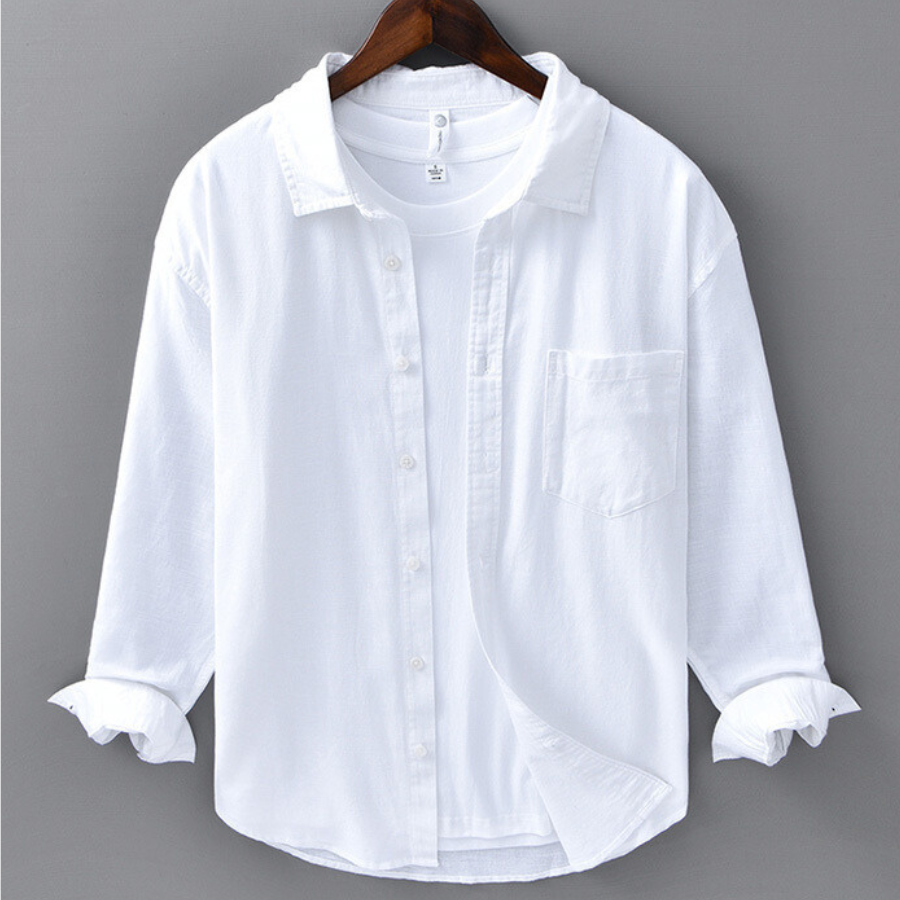 Men's Long-Sleeve Linen Blend Shirt - Point Collar Button-Down Chest Pocket Casual Style
