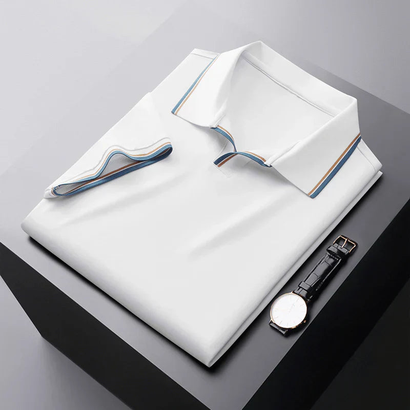 Men's Short-Sleeve Piqué Polo Tee - Smart Casual Spread Collar Polo with Contrast Stripe Tipping