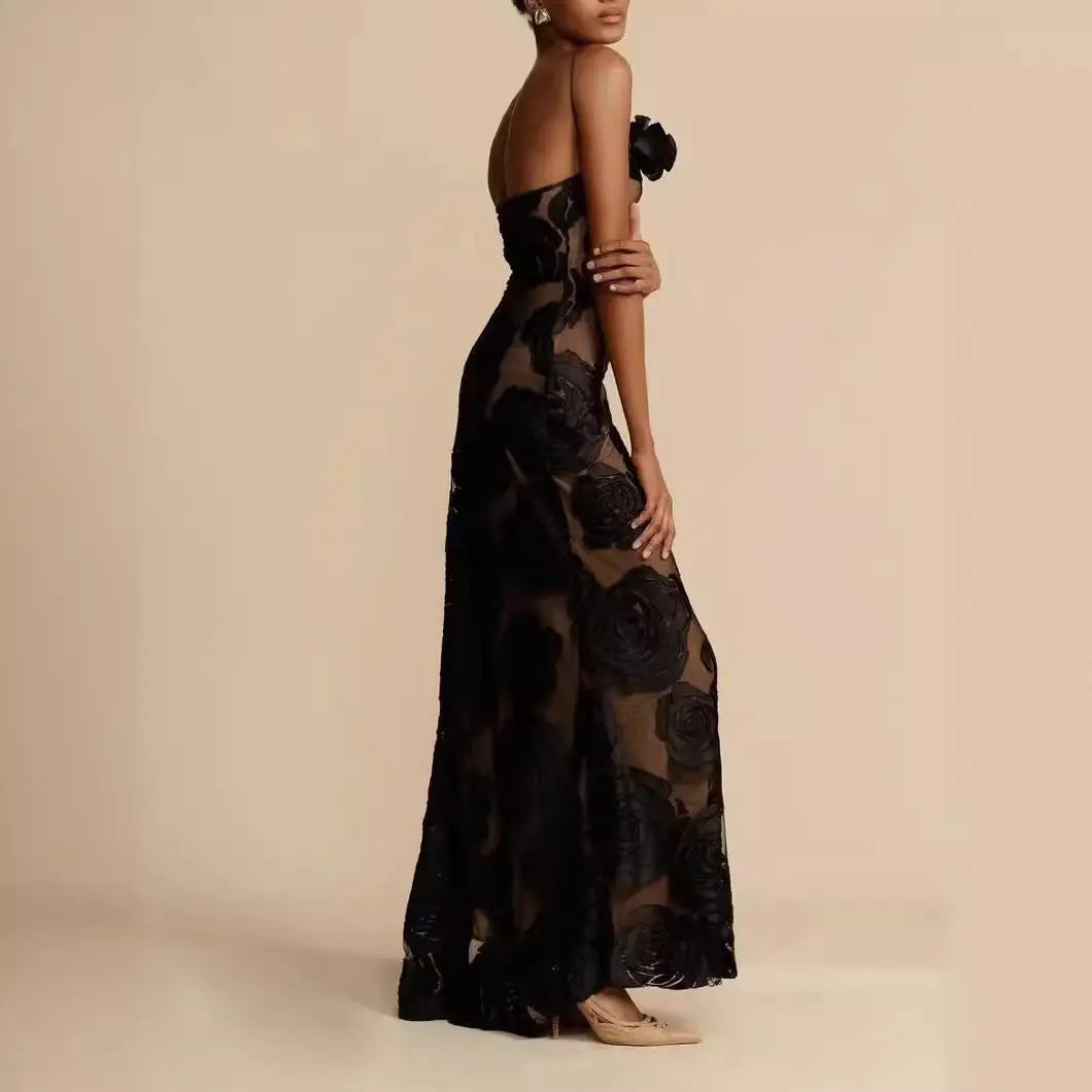 Women's Elegant One-Shoulder Maxi Dress - Floor-Length Fitted Formal Dress with Sheer Rose Detail
