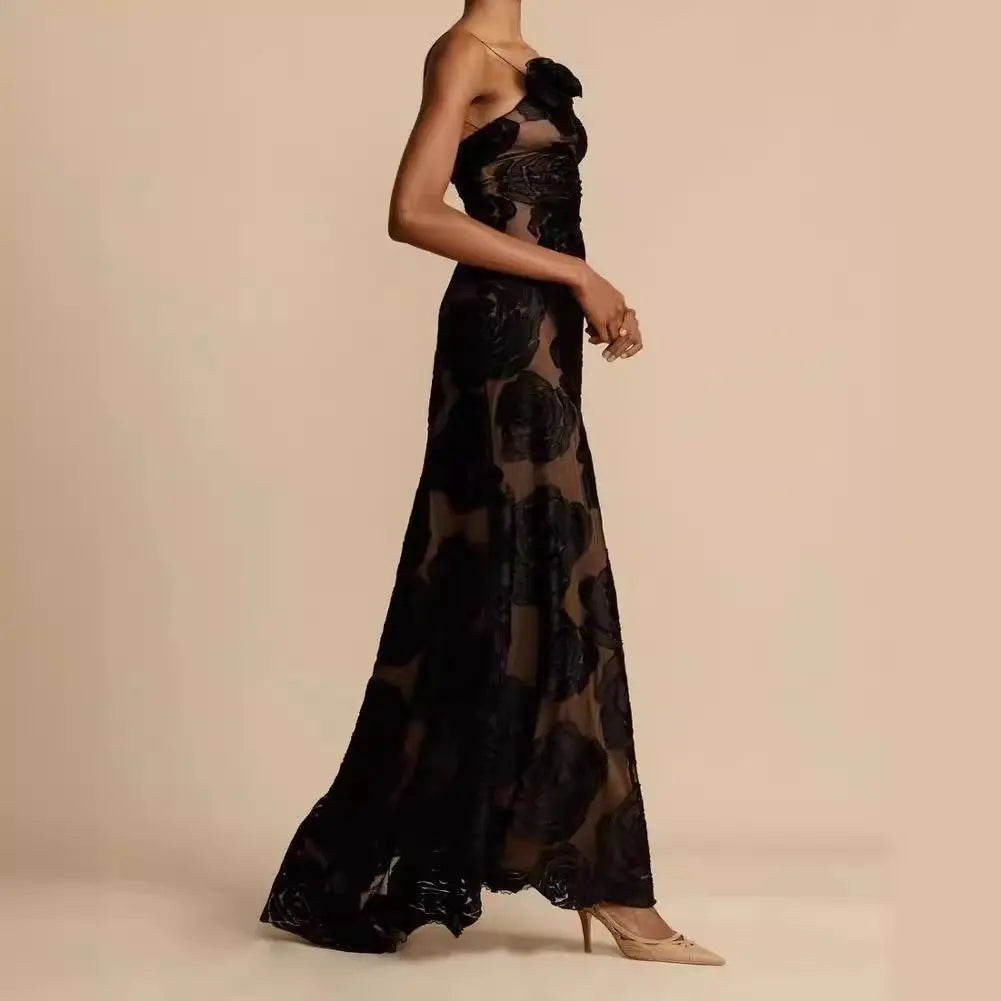Women's Elegant One-Shoulder Maxi Dress - Floor-Length Fitted Formal Dress with Sheer Rose Detail