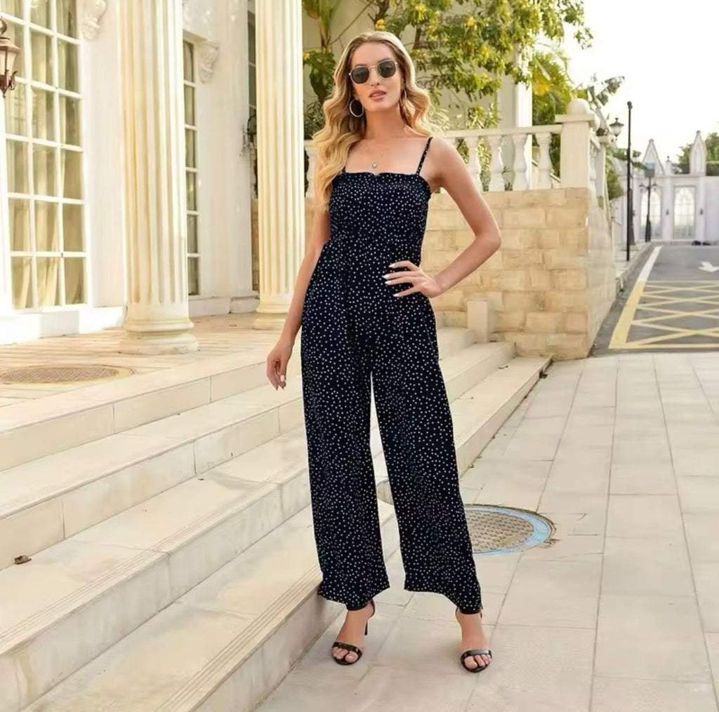 Women’s Polka Dot Wide-Leg Jumpsuit – Smocked Bodice Summer Style