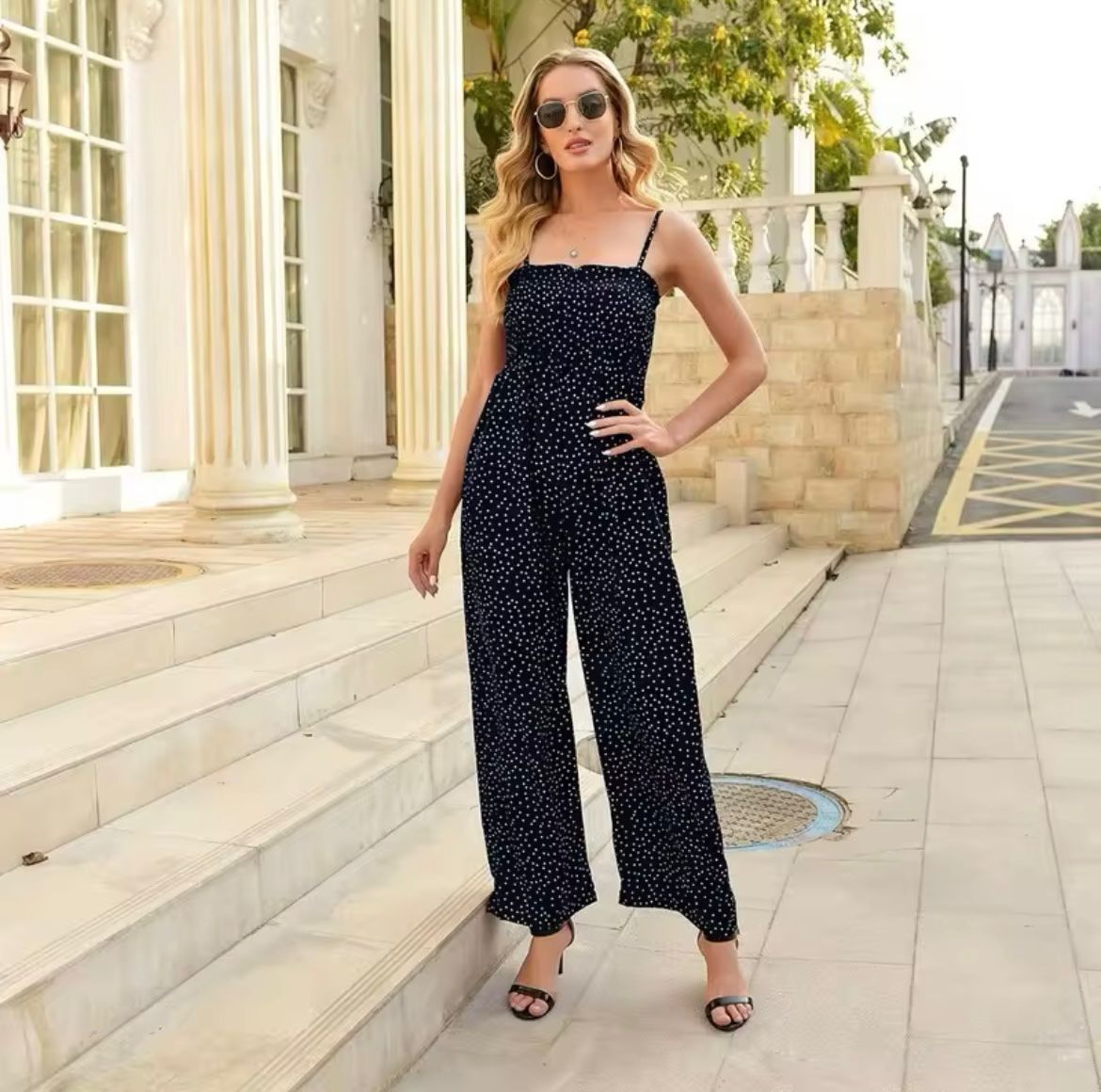 Women’s Polka Dot Wide-Leg Jumpsuit – Smocked Bodice Summer Style