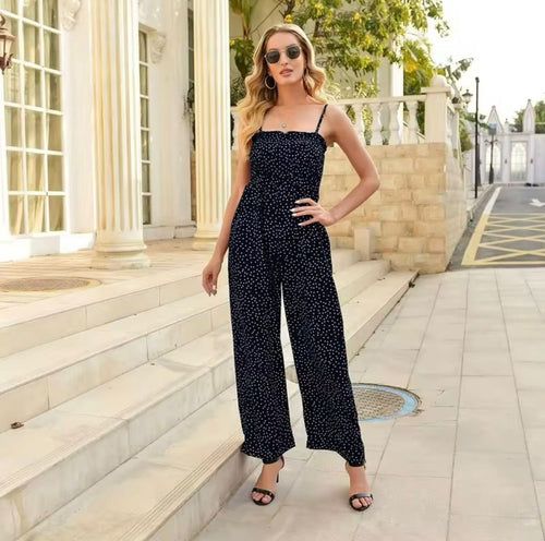 Women’s Polka Dot Wide-Leg Jumpsuit – Smocked Bodice Summer Style