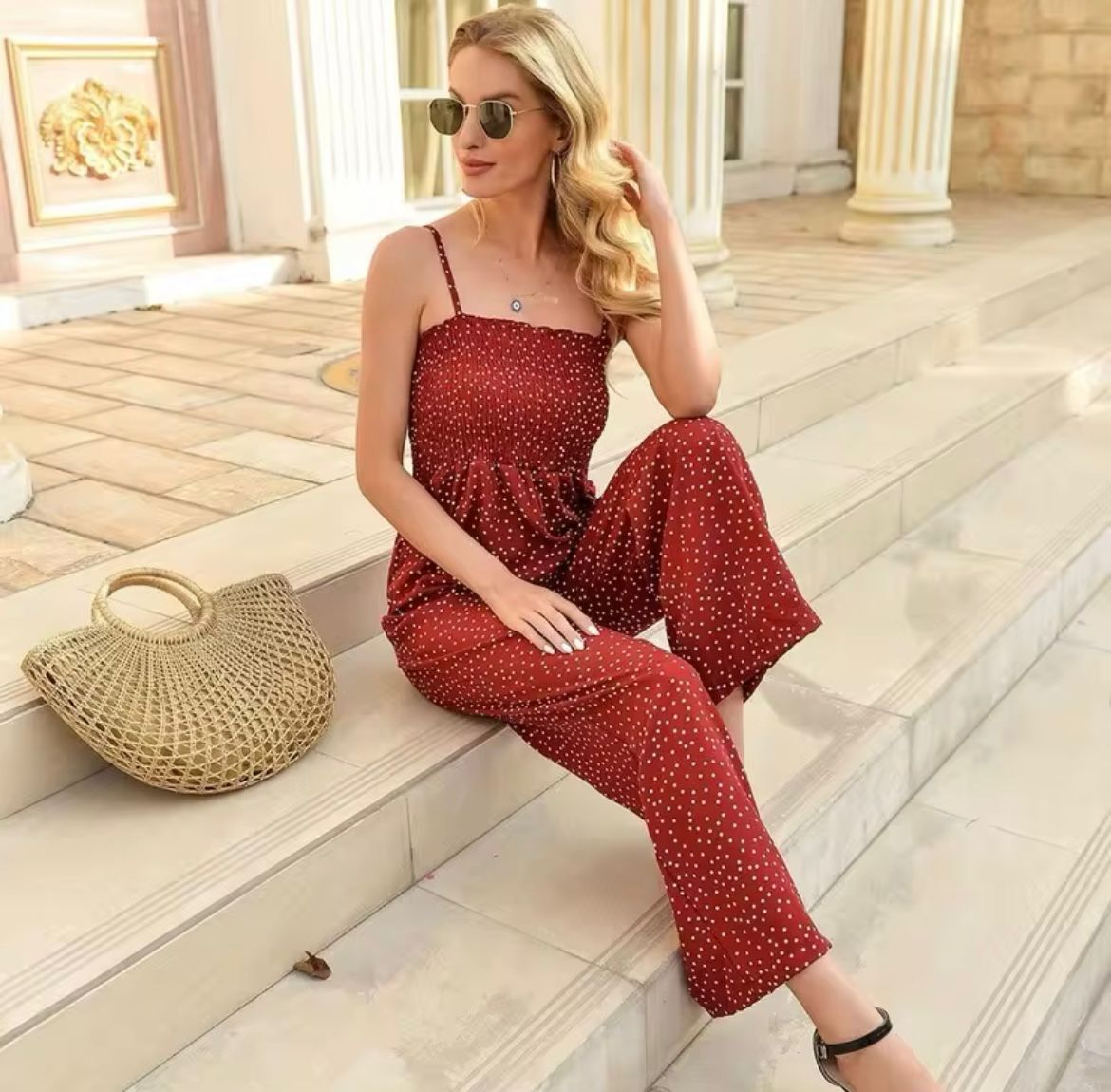 Women’s Polka Dot Wide-Leg Jumpsuit – Smocked Bodice Summer Style