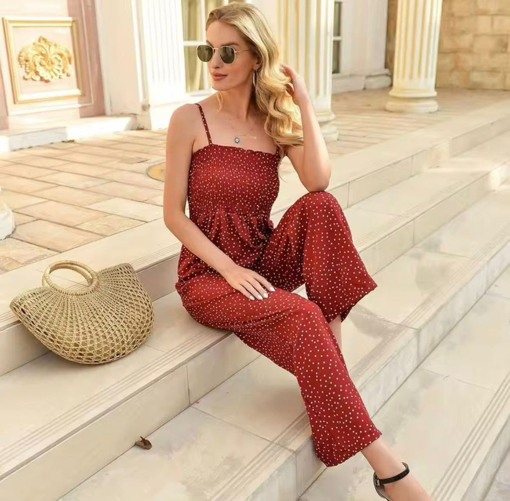 Women’s Polka Dot Wide-Leg Jumpsuit – Smocked Bodice Summer Style