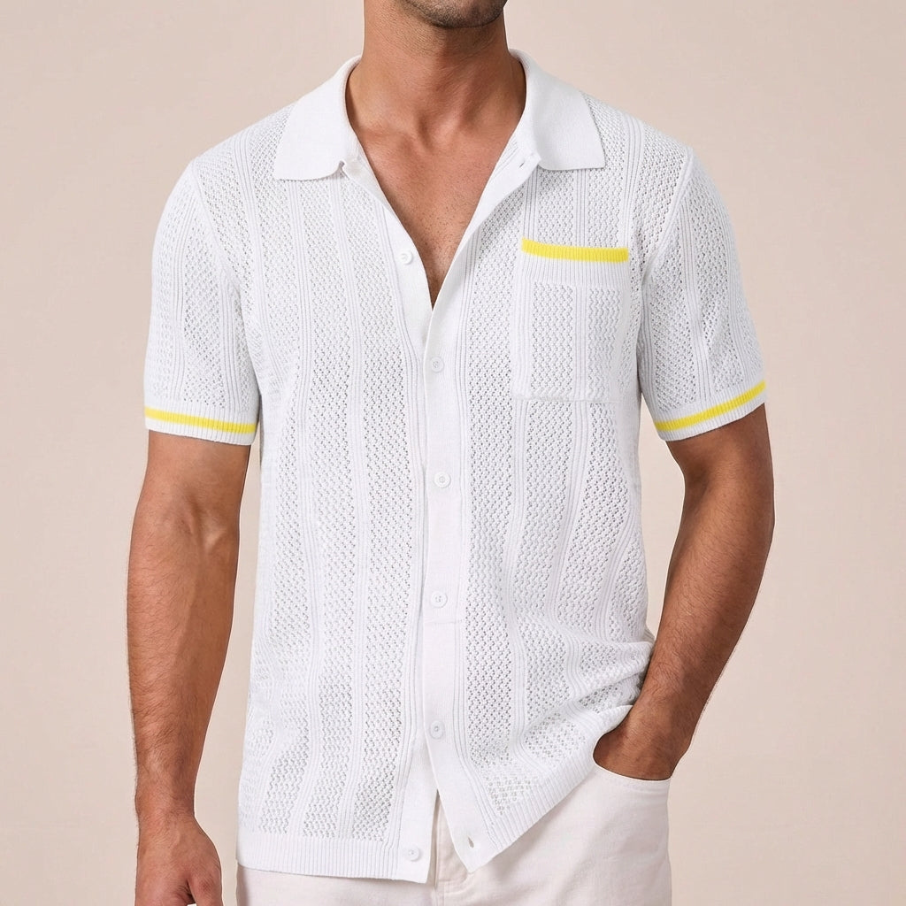 Men's Short-Sleeve Openwork Shirt - Casual Summer Camp Collar Button-Front Shirt with Contrast Tips
