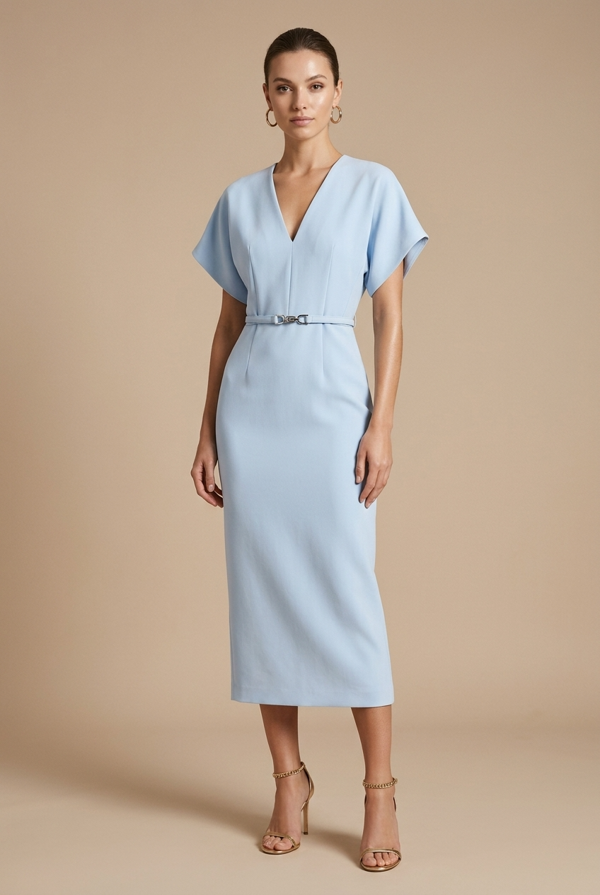 Women's Midi Dress - V-Neck Batwing Sleeve - Belted Pencil Cut