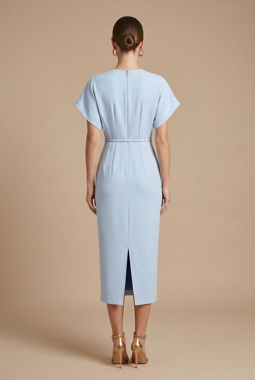 Women's Midi Dress - V-Neck Batwing Sleeve - Belted Pencil Cut
