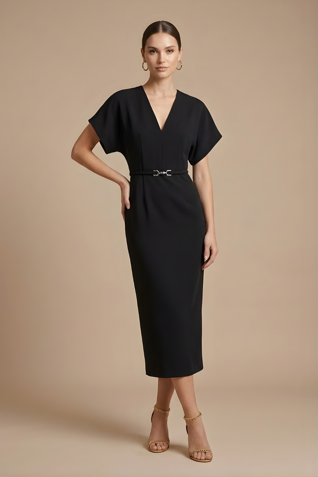 Women's Midi Dress - V-Neck Batwing Sleeve - Belted Pencil Cut
