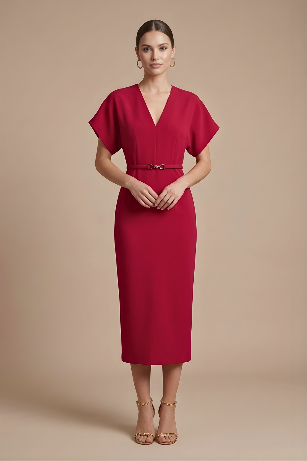 Women's Midi Dress - V-Neck Batwing Sleeve - Belted Pencil Cut