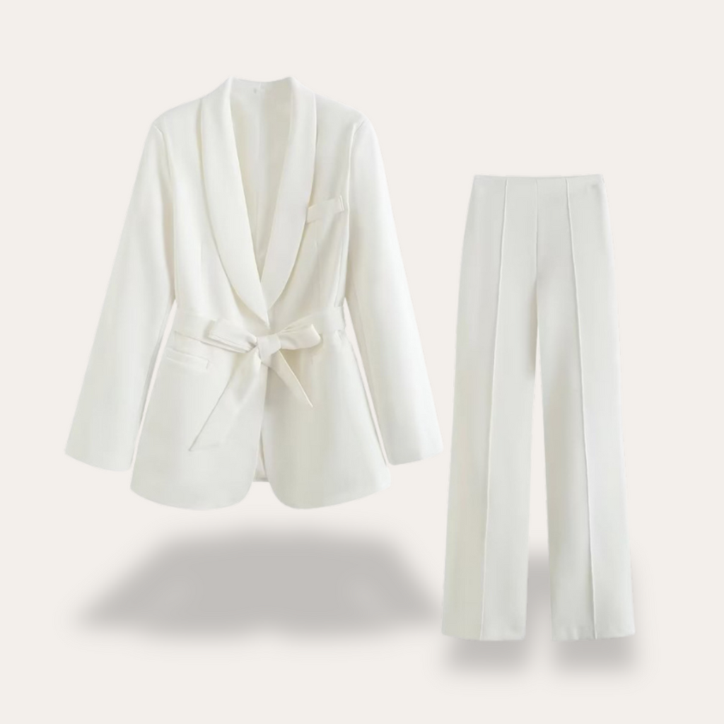 Women’s Belted Blazer and Wide-Leg Trousers Set – Elegant Tailored Two-Piece