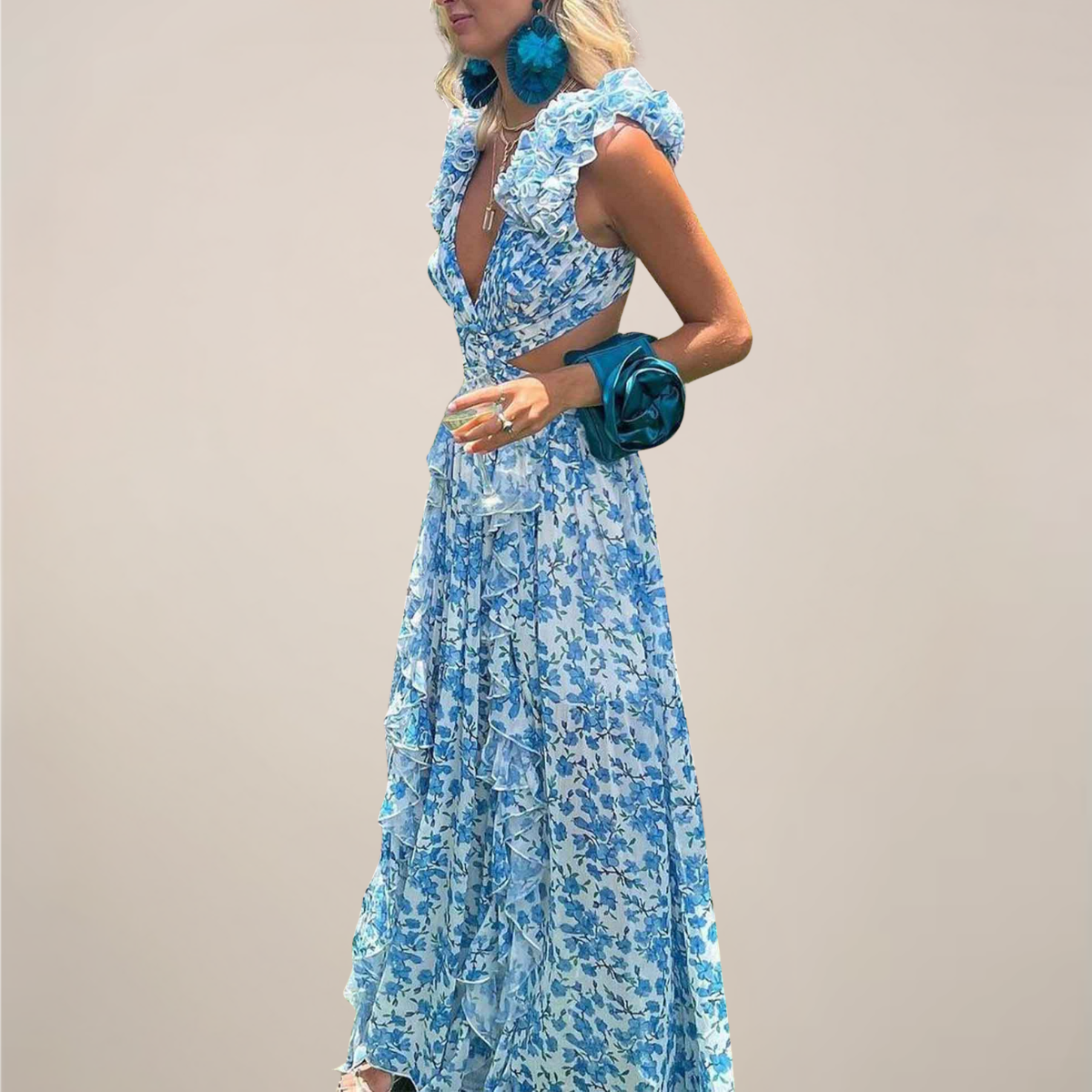 Women’s Plunging V-Neck Ruffled Sleeves Maxi Dress with Cut-Out Waist and High Slit