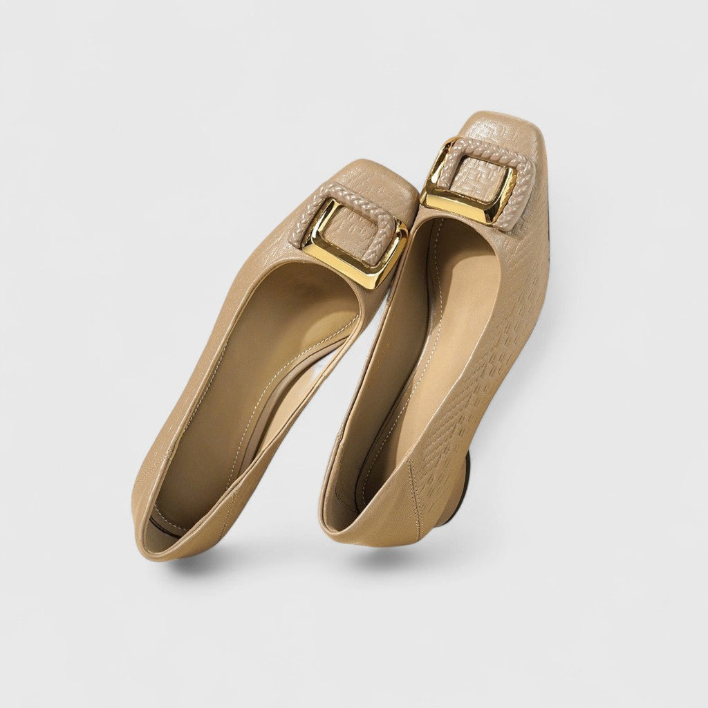 Women’s Square-Toe Low Heels – Textured Finish with Gold Buckle Detail