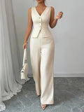 Women's Tailored Wide-Leg Cream Trouser Set – Elegant Waistcoat Cut