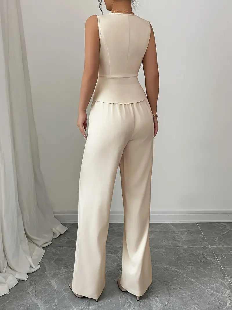 Women's Tailored Wide-Leg Cream Trouser Set – Elegant Waistcoat Cut