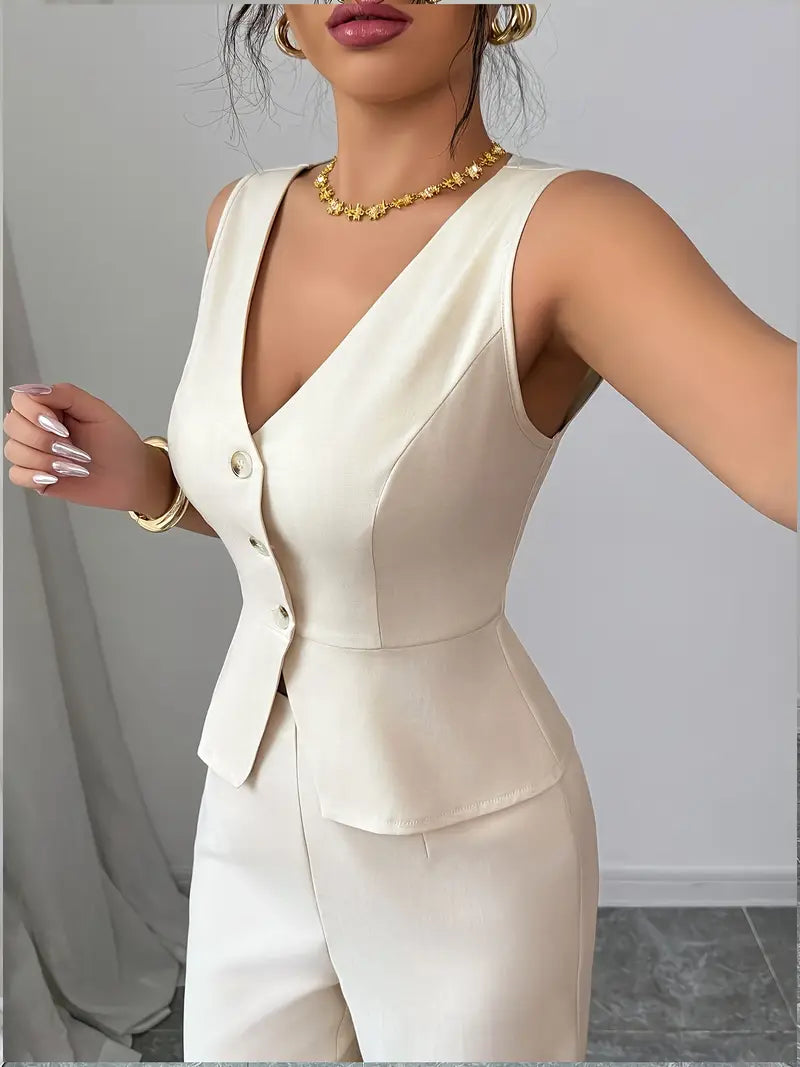 Women's Tailored Wide-Leg Cream Trouser Set – Elegant Waistcoat Cut