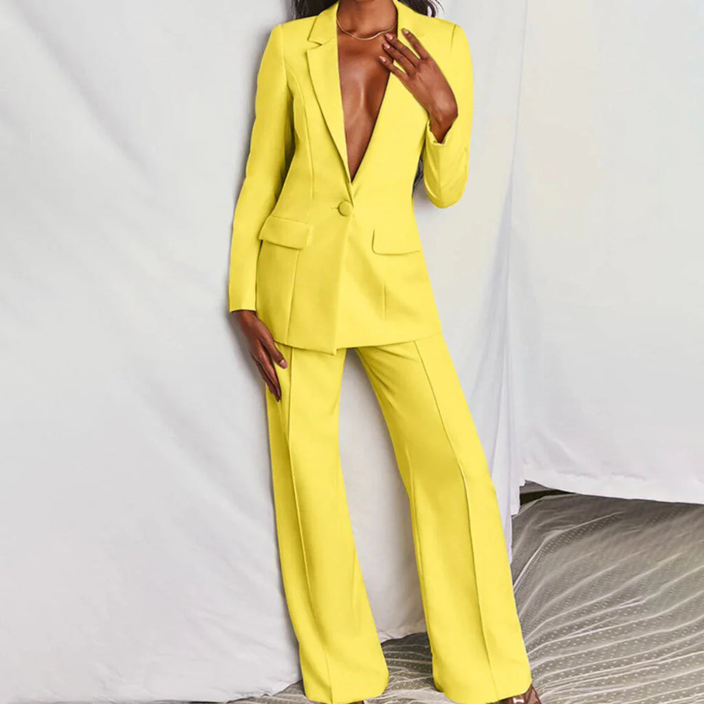 Women’s Trouser Suit – Longline Blazer, Tailored Wide-Leg