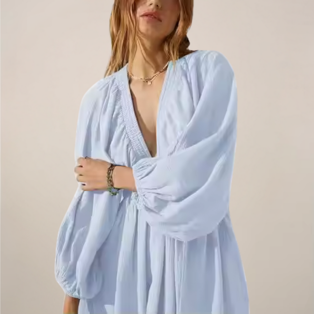 Women’s V-Neck Mini Dress – Long Sleeve – Relaxed Fit