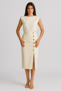 Women’s White Midi Dress – Elegant Fit – Button Detail – Side Slit