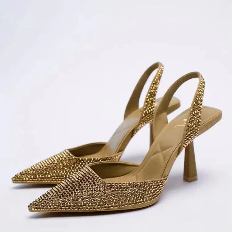 Women's Embellished Slingback Heels - Pointed Toe and Stiletto with All-Over Diamanté