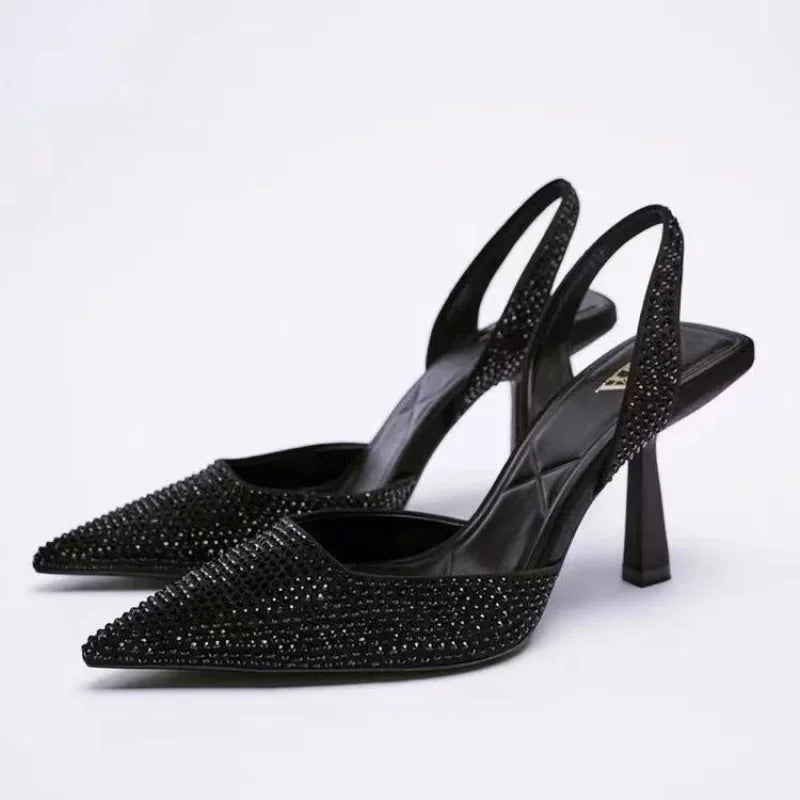 Women's Embellished Slingback Heels - Pointed Toe and Stiletto with All-Over Diamanté