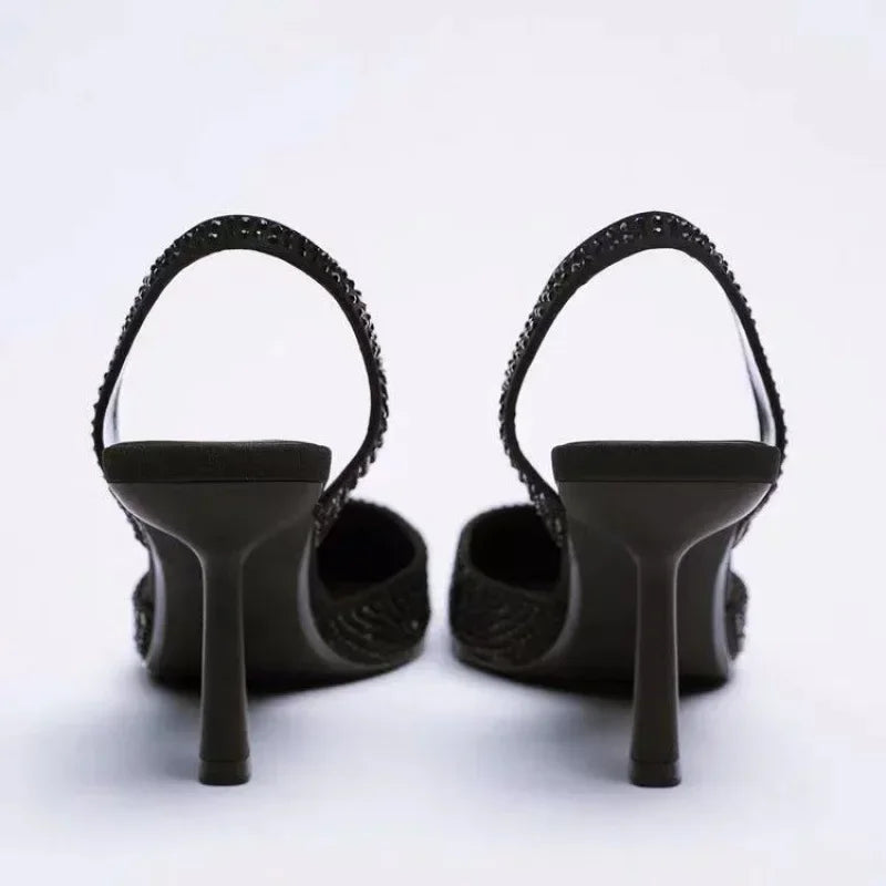 Women's Embellished Slingback Heels - Pointed Toe and Stiletto with All-Over Diamanté