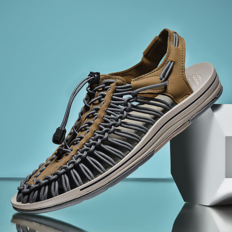 Men's Woven Cord Cage Sandals with Bungee Lace Closure and Elasticated Heel Strap