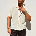 Men’s Cream Short Sleeve Knit Button Down Shirt with Perforated Design and Open Collar