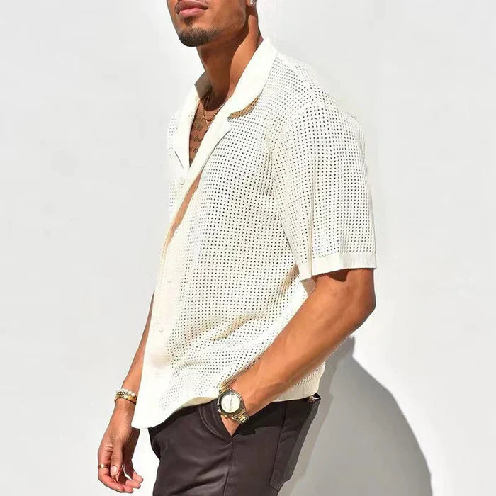 Men’s Cream Short Sleeve Knit Button Down Shirt with Perforated Design and Open Collar