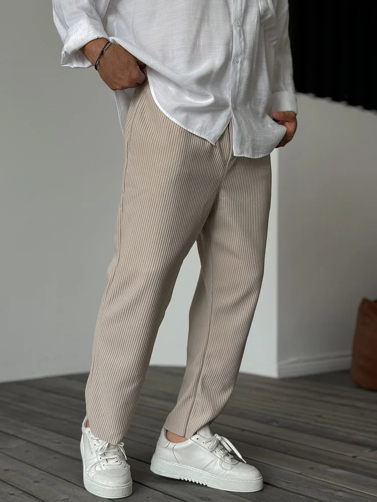 Men's Ribbed Straight-Leg Trousers - Relaxed Fit with Elasticated Waist and Pockets
