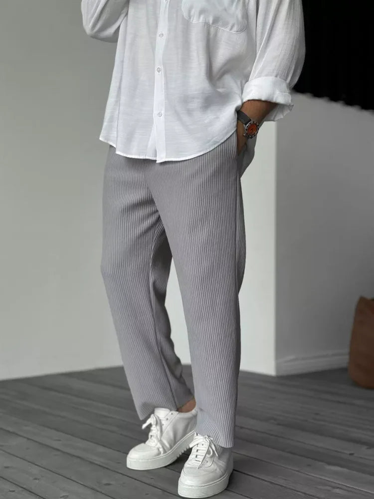 Men's Ribbed Straight-Leg Trousers - Relaxed Fit with Elasticated Waist and Pockets