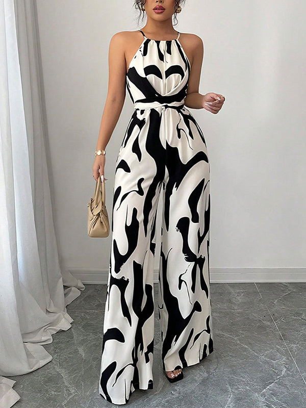 Women's Abstract Print Halter Neck Open Back Sleeveless Belted Wide-Leg Jumpsuit for Evening Wear