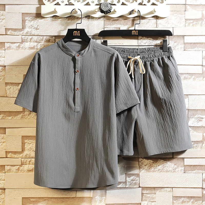 Men's Henley Top and Elasticated Drawstring Shorts Set