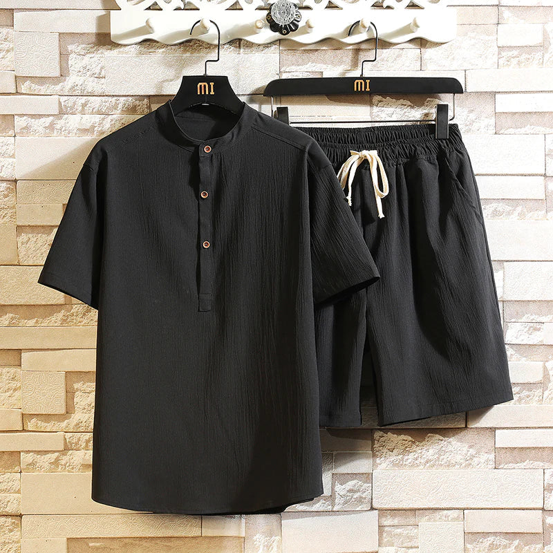 Men's Henley Top and Elasticated Drawstring Shorts Set