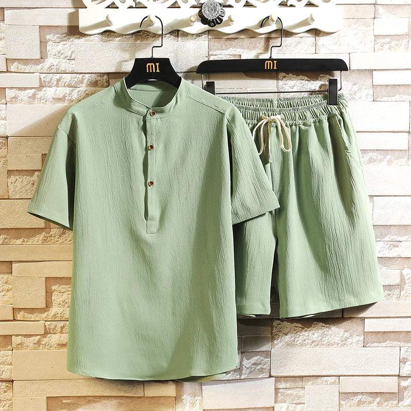 Men's Henley Top and Elasticated Drawstring Shorts Set