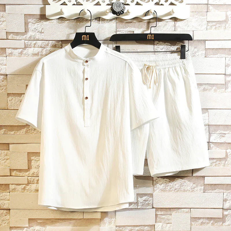 Men's Henley Top and Elasticated Drawstring Shorts Set