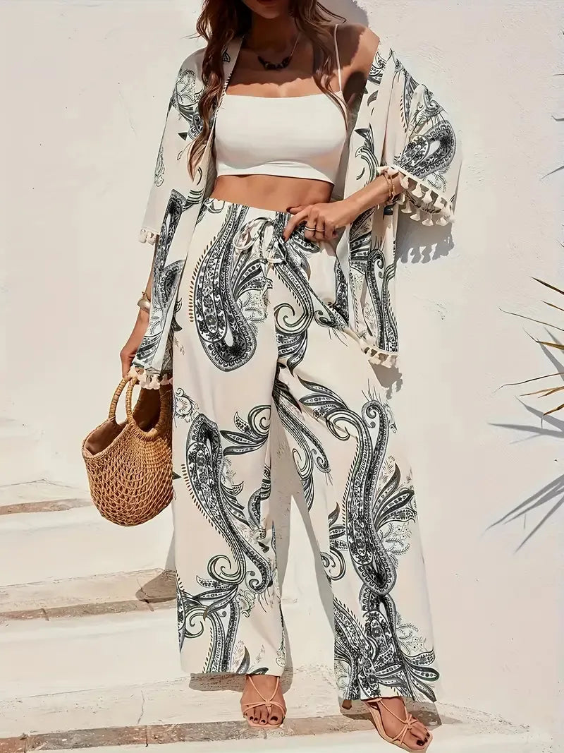 Women’s Paisley Print Three-Piece Set with Fringed Kimono and Wide Leg Trousers