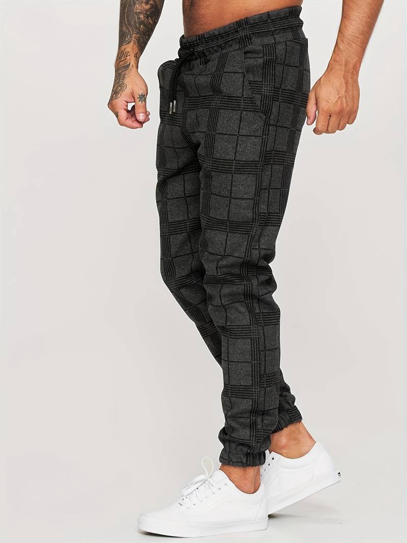 Men's Plaid Tapered Leg Jogger Trousers - Elasticated Drawstring Waist with Cuffs and Side Pockets