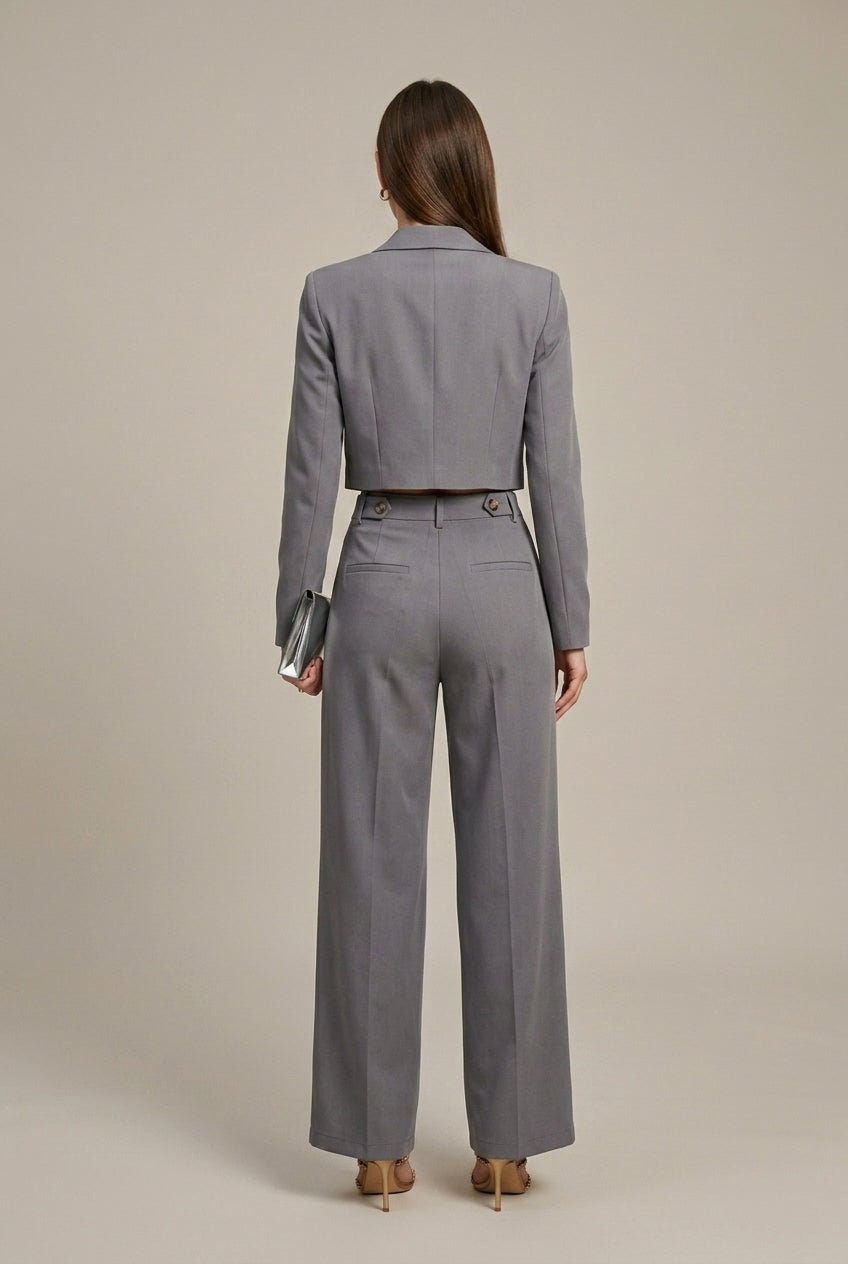 Women’s Two-Piece Set - Grey Cropped Blazer and High Waist Wide Leg Trousers