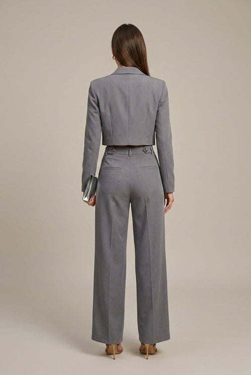 Women’s Two-Piece Set - Grey Cropped Blazer and High Waist Wide Leg Trousers