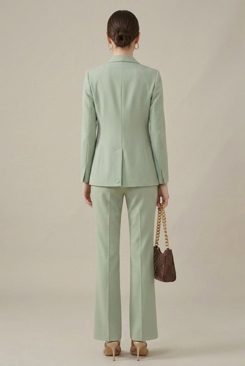 Women's Tailored Shawl Collar Blazer and Straight-Leg Trouser Set - Single-Breasted with Gold-Tone Buttons