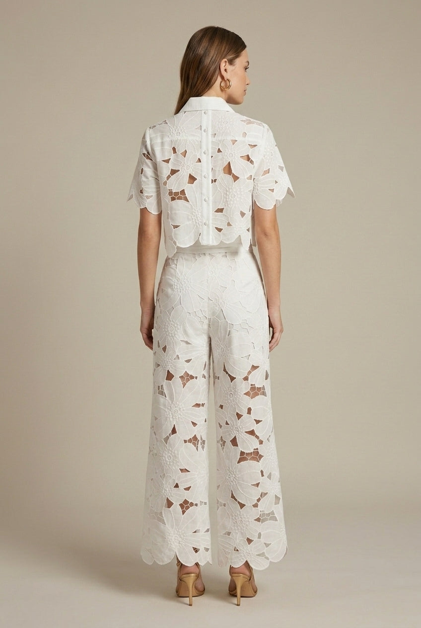 Women's Elegant Lace Two Piece Set - Cape Overlay Crop Top and Wide-Leg Trousers
