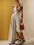 Women's Elegant Abstract Print Deep V-Neck Long Sleeve Wrap Bodice Wide-Leg Jumpsuit for Evening Occasions