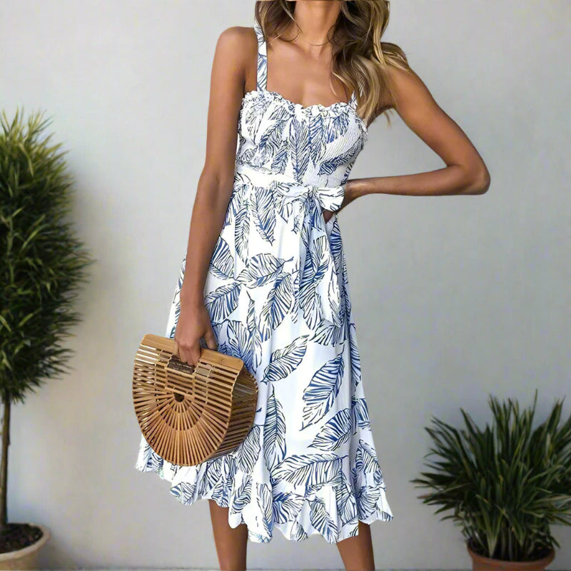 Women’s Sleeveless Midi Dress with Ruffle Neckline, Tie Waist and Leaf Print
