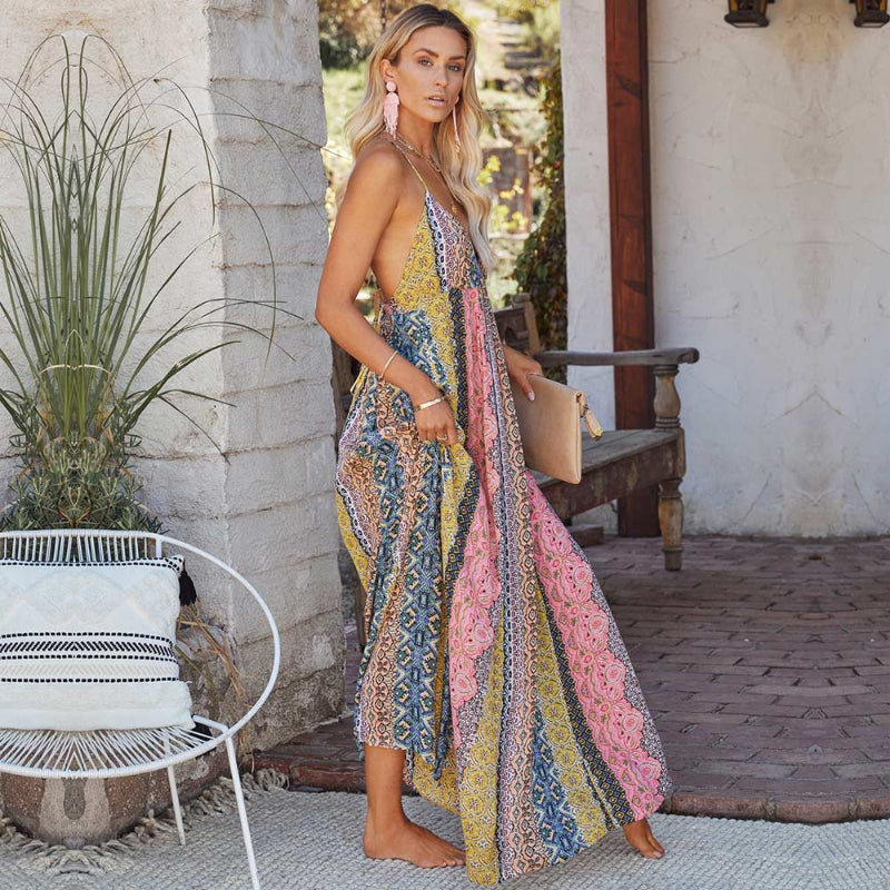 Women’s Low Back Bohemian Print Maxi Dress with V-Neckline and Spaghetti Straps