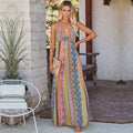 Women’s Low Back Bohemian Print Maxi Dress with V-Neckline and Spaghetti Straps