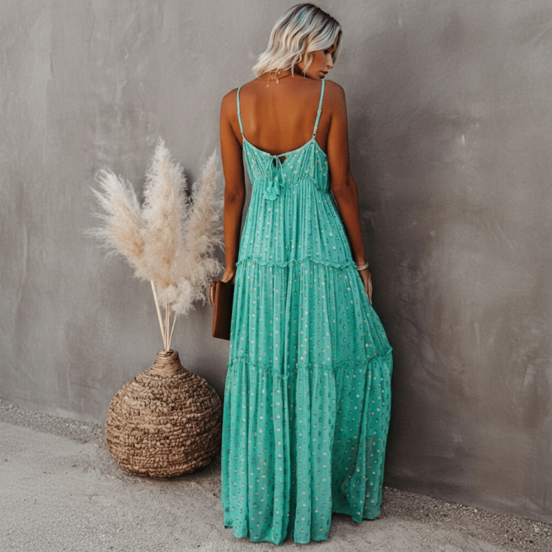 Women’s Sleeveless V-Neck Tiered Maxi Dress with Spaghetti Straps and Back Tie Detail