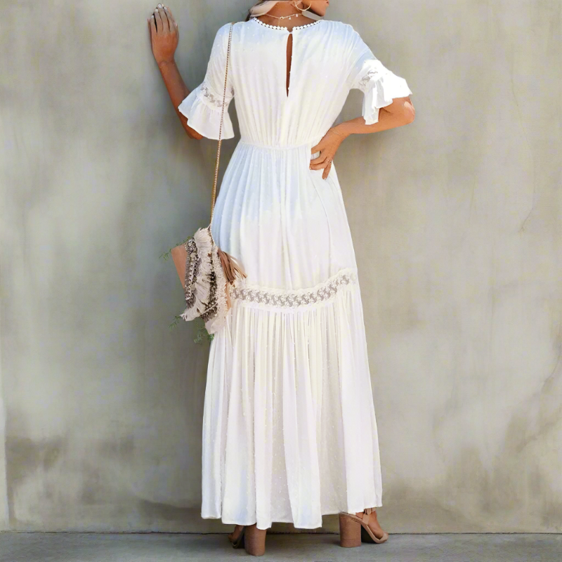 Women's Lace Flutter Sleeve Maxi Dress - Deep V-Neck with Lace Trim Panels and Scalloped Hem
