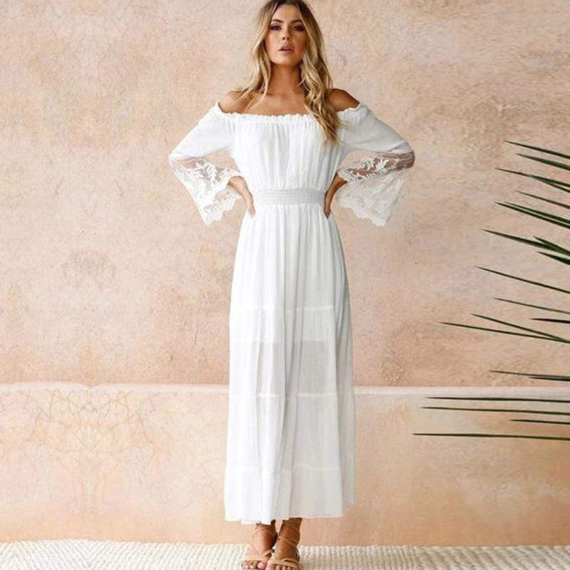 Women's White Elegant Off Shoulder Long Bell Sleeve Lace Embroidered Cuff Smocked Waist Maxi Dress for Evening Occasions