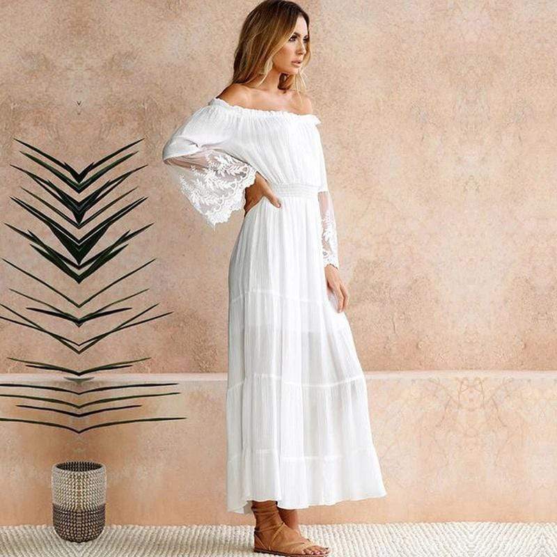 Women's White Elegant Off Shoulder Long Bell Sleeve Lace Embroidered Cuff Smocked Waist Maxi Dress for Evening Occasions